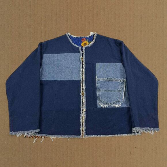 Vintage Quilt Patchwork Floral Denim Handmade Reversible Jacket Fits like XL - Picture 2 of 8